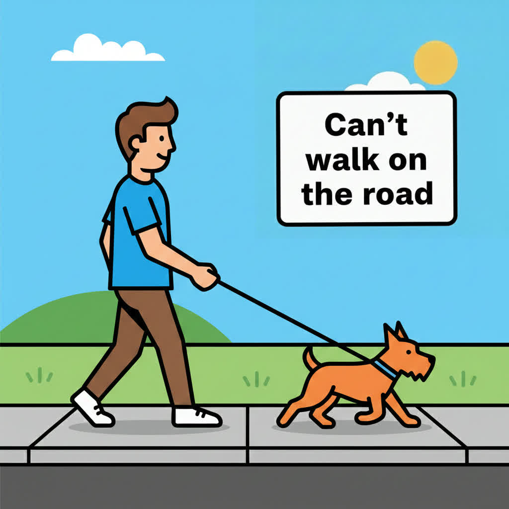 Happy person walking their dog on a leash - the dog can't walk on the road